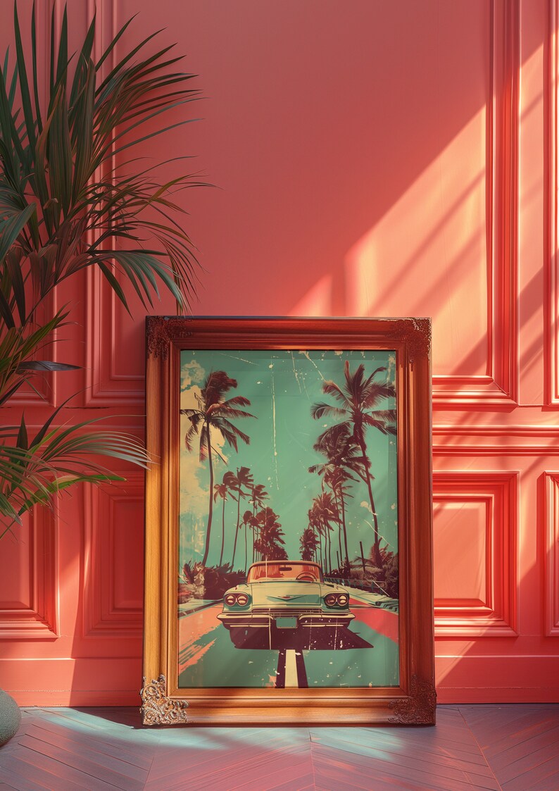 Vintage car driving down the road with palm trees in background, retro style poster design with distressed textures and bold colors, 70s illustration style, pastel color palette, vintage