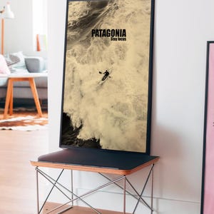 A thrilling poster featuring a paddler navigating intense whitewater rapids with the text Patagonia Stay Focus. This bold and adventurous design is perfect for extreme sports lovers and outdoor enthusiasts looking for dynamic wall decor.