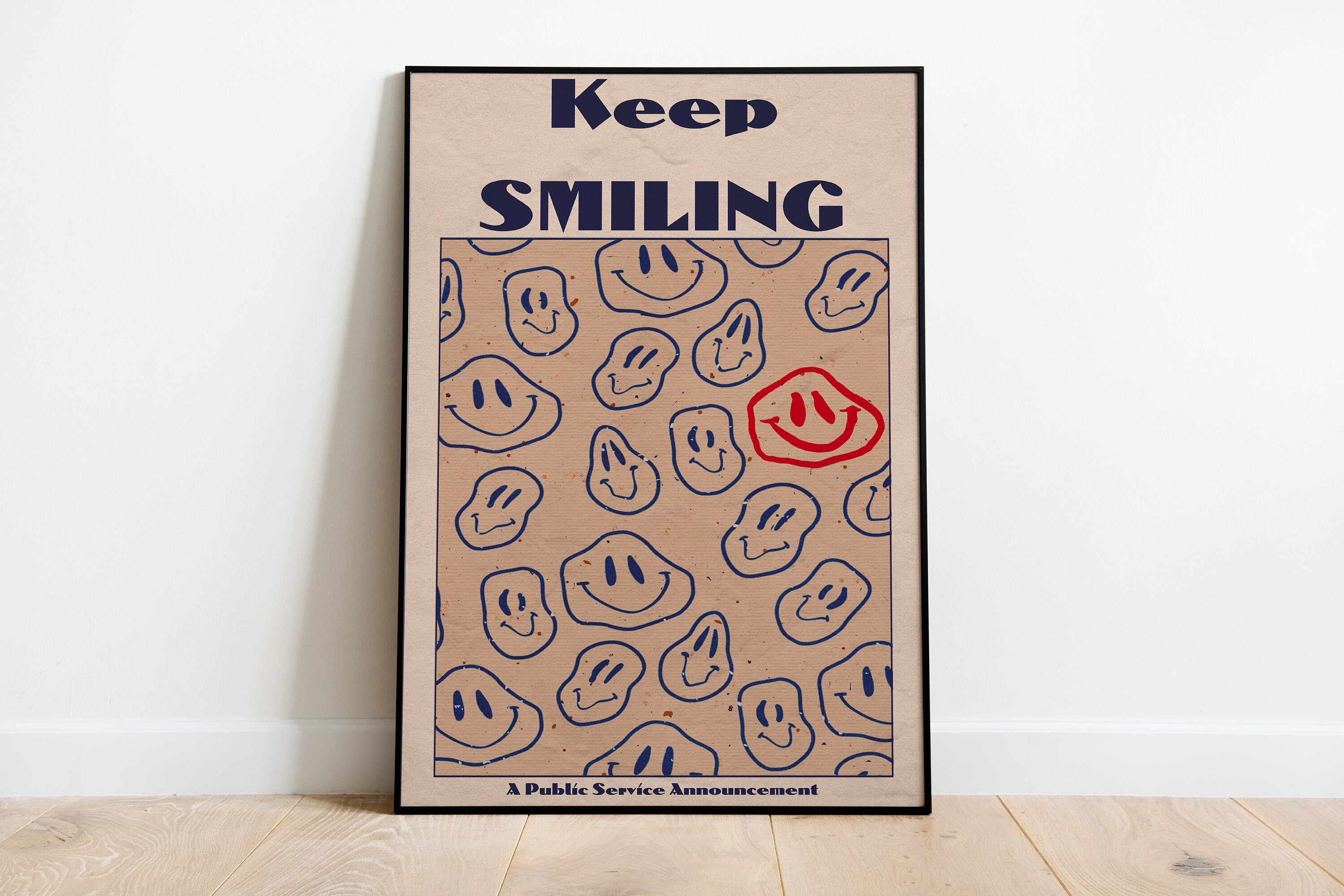 Keep Smiling Retro Smiley Face Print: Positive Quote Wall Art