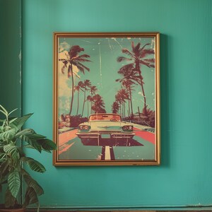 Vintage car driving down the road with palm trees in background, retro style poster design with distressed textures and bold colors, 70s illustration style, pastel color palette, vintage