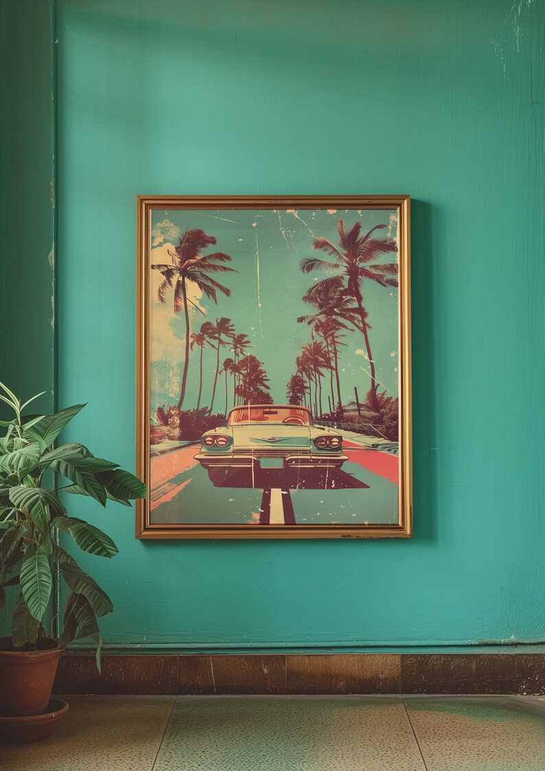 Vintage car driving down the road with palm trees in background, retro style poster design with distressed textures and bold colors, 70s illustration style, pastel color palette, vintage
