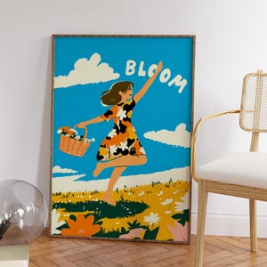 Póster de flores retro, arte mural de niña de las flores, impresión moderna de mediados de siglo, decoración de pared estilo años 70, arte primaveral vibrante, póster de niña feliz
