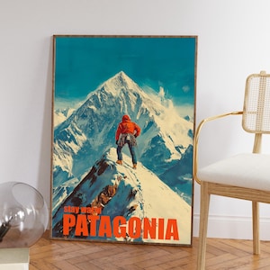 Patagonia Wilderness, Póster de viaje retro, Arte de aventura natural, Impresión de pared escénica, Póster de montaña vintage, Decoración de explorador al aire libre, Años 70