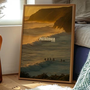 Patagonien Küsten Sonnenuntergang Poster, Goldene Stunde Meereswellen Druck, Surfing Abenteuer Wandkunst, Malerische Natur Dekor für Strandliebhaber, Trendige Kunst