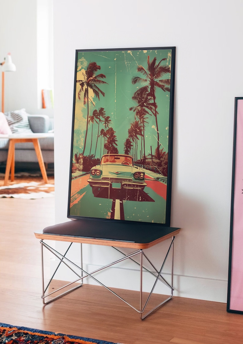 Vintage car driving down the road with palm trees in background, retro style poster design with distressed textures and bold colors, 70s illustration style, pastel color palette, vintage