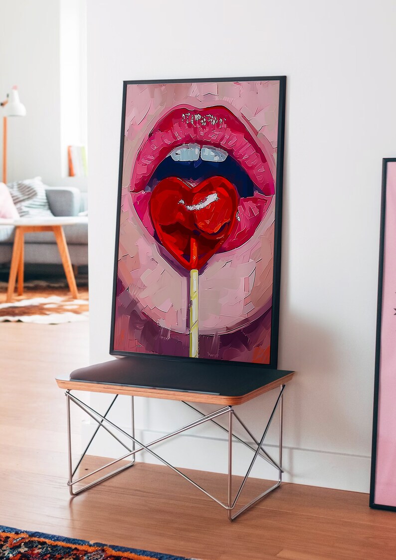 A heart-shaped lollipop is stuck in the mouth of an open female lips, in the style of pop art, pink and red, a digital painting, closeup, front view, with brush strokes, soft lighting, creating a romantic atmosphere