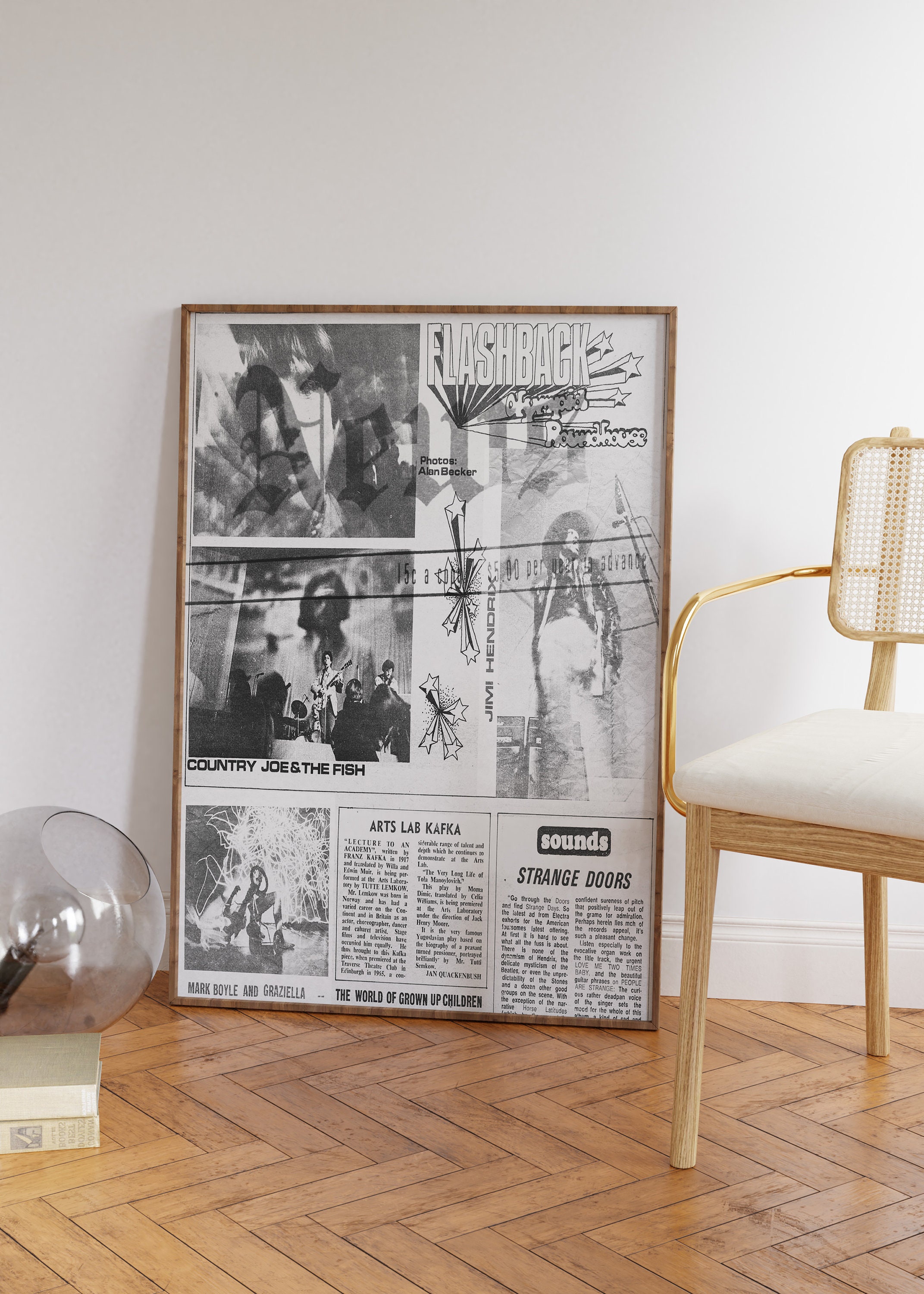 Retro Newspaper Print, 70s Style, Black and White Wall Art