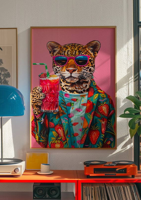 Kitsch Jaguar Portrait Poster: 70s Retro Cocktail Art (digital