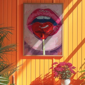 A heart-shaped lollipop is stuck in the mouth of an open female lips, in the style of pop art, pink and red, a digital painting, closeup, front view, with brush strokes, soft lighting, creating a romantic atmosphere