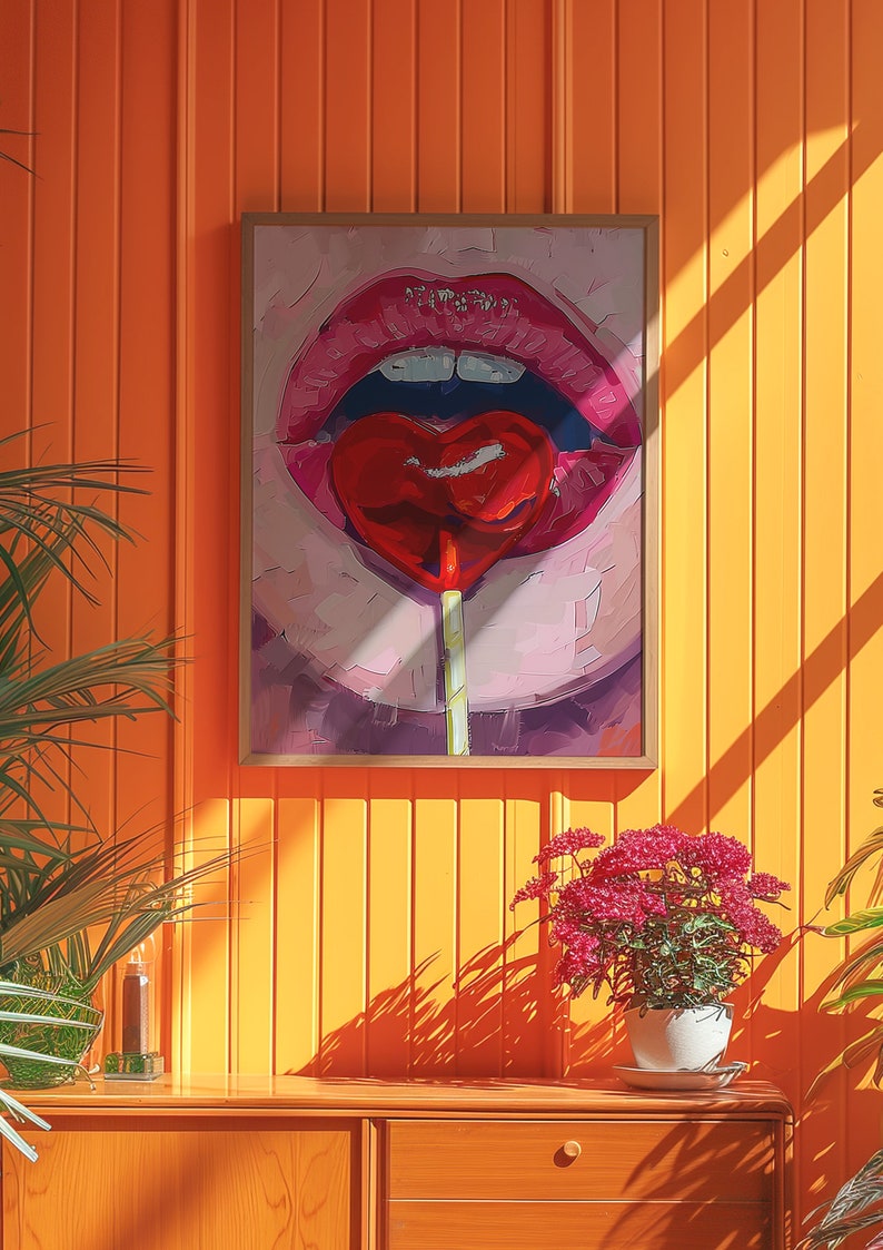 A heart-shaped lollipop is stuck in the mouth of an open female lips, in the style of pop art, pink and red, a digital painting, closeup, front view, with brush strokes, soft lighting, creating a romantic atmosphere