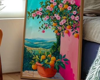 Mediterranean Citrus and Floral Wall Art, Vibrant Orange Tree and Pink Roses, Scenic Landscape Painting for Home and Kitchen Decor