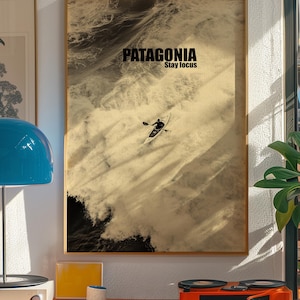 A thrilling poster featuring a paddler navigating intense whitewater rapids with the text Patagonia Stay Focus. This bold and adventurous design is perfect for extreme sports lovers and outdoor enthusiasts looking for dynamic wall decor.