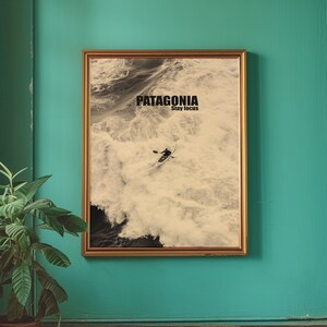 A thrilling poster featuring a paddler navigating intense whitewater rapids with the text Patagonia Stay Focus. This bold and adventurous design is perfect for extreme sports lovers and outdoor enthusiasts looking for dynamic wall decor.