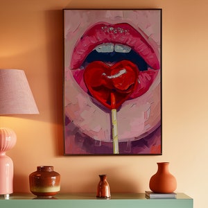 A heart-shaped lollipop is stuck in the mouth of an open female lips, in the style of pop art, pink and red, a digital painting, closeup, front view, with brush strokes, soft lighting, creating a romantic atmosphere