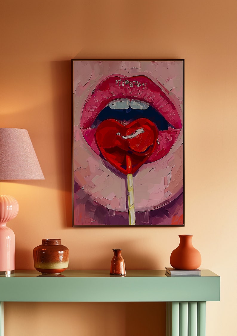 A heart-shaped lollipop is stuck in the mouth of an open female lips, in the style of pop art, pink and red, a digital painting, closeup, front view, with brush strokes, soft lighting, creating a romantic atmosphere