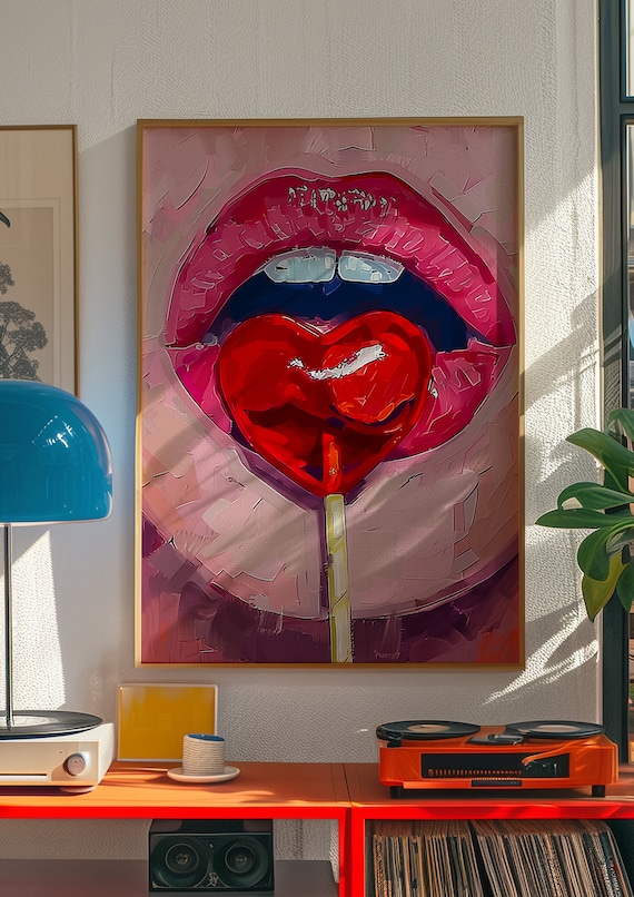 Lollipop Heart Lips Art Print: Pop Art Girly Decor (Digital Download)