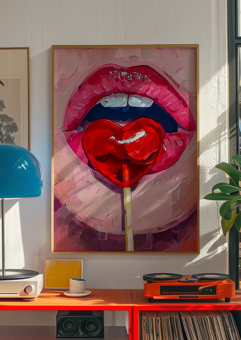 A heart-shaped lollipop is stuck in the mouth of an open female lips, in the style of pop art, pink and red, a digital painting, closeup, front view, with brush strokes, soft lighting, creating a romantic atmosphere