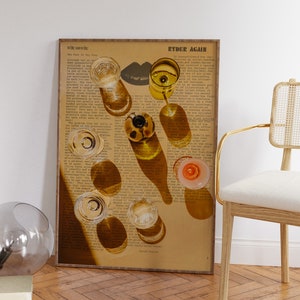 May include: A vintage poster with a yellowed background featuring a text overlay of an article about Ryder. The poster is decorated with a collage of wine glasses and bottles, casting shadows on the text. The poster is framed in a wooden frame.