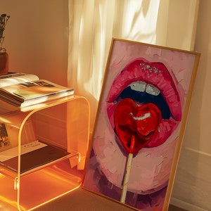 A heart-shaped lollipop is stuck in the mouth of an open female lips, in the style of pop art, pink and red, a digital painting, closeup, front view, with brush strokes, soft lighting, creating a romantic atmosphere