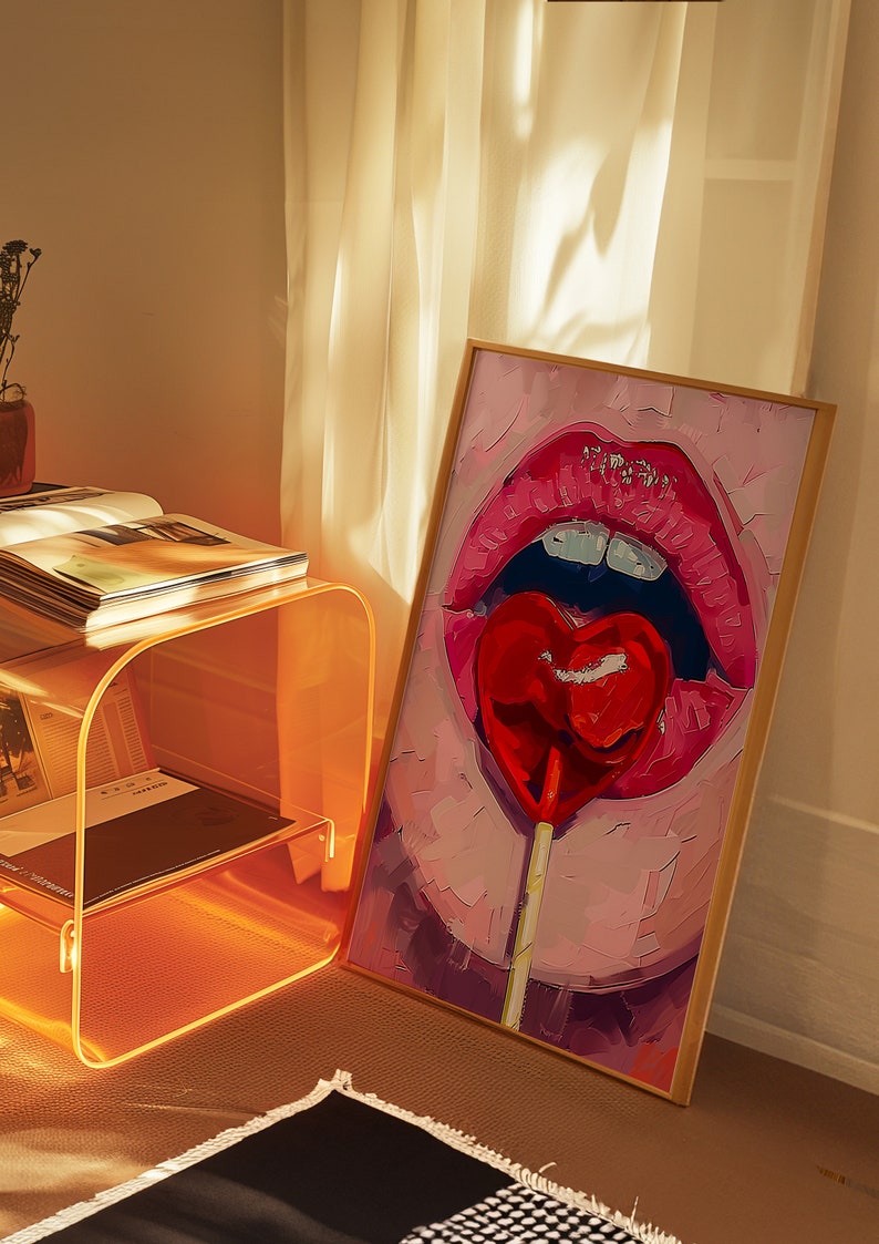 A heart-shaped lollipop is stuck in the mouth of an open female lips, in the style of pop art, pink and red, a digital painting, closeup, front view, with brush strokes, soft lighting, creating a romantic atmosphere