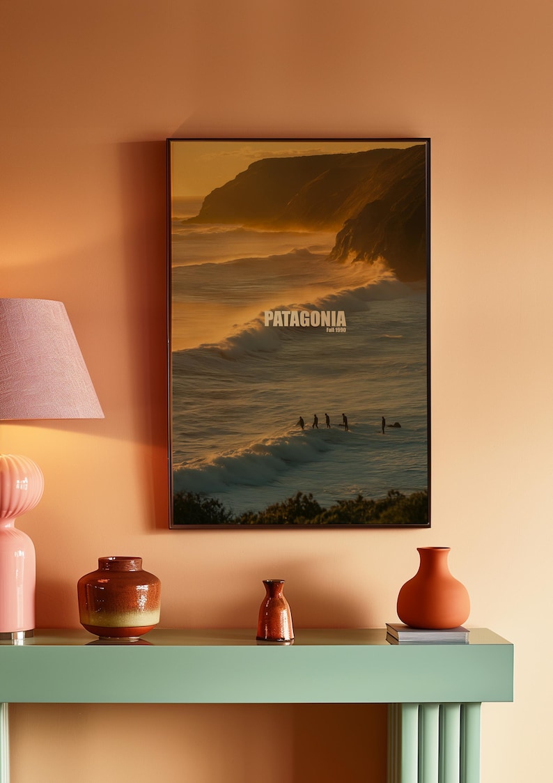 Patagonia Surf Adventure Poster, Retro Surfer Wall Art, Coastal Wave