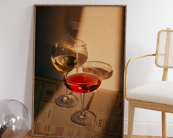 Impression cocktail, verres à vin, art rétro des années 70 (téléchargement numérique)