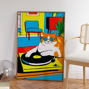 Póster de gato colorido, arte mural retro de gatos, arte de gato en vinilo, impresión de gato con estilo, decoración de gatos moderna, arte mural inspirado en los años 70, ilustraciones geniales de gatos