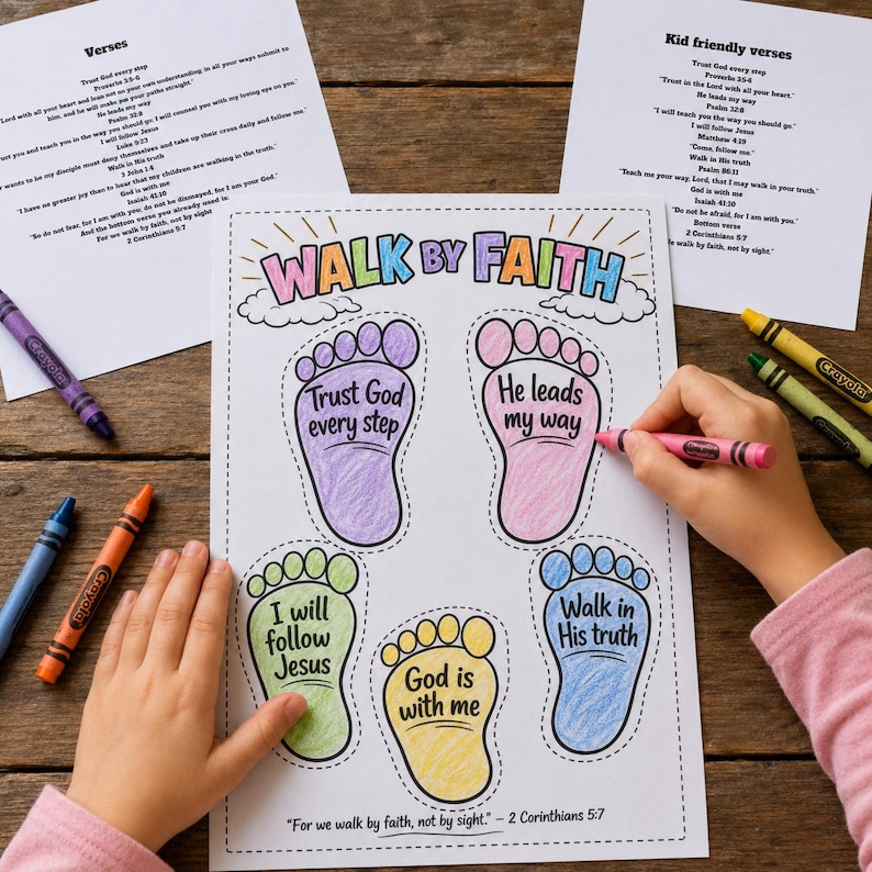 Walk by Faith Footprints Coloring Craft for Kids | Christian Printable ...