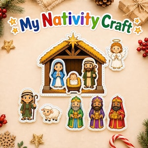 May include: A My Nativity Craft sticker set featuring a stable with a star, Mary, Joseph, and baby Jesus in a manger. Includes an angel, a shepherd with a staff, a sheep, and three wise figures holding gifts, all with colorful cartoon designs.