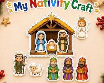 May include: A My Nativity Craft sticker set featuring a stable with a star, Mary, Joseph, and baby Jesus in a manger. Includes an angel, a shepherd with a staff, a sheep, and three wise figures holding gifts, all with colorful cartoon designs.