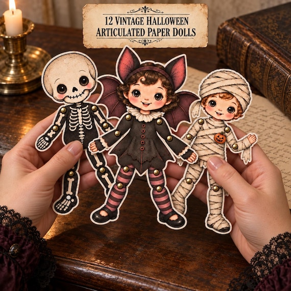 Articulated Halloween Paper Dolls Printable | 12 Vintage Halloween Dolls | Movable Paper Puppets | Kids Craft & Junk Journal Ephemera