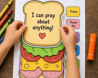 Könnte beinhalten: Ein Papier-Aktivitätsblatt mit dem Titel Build a Prayer Sandwich, das einen großen Brotscheiben-Ausschnitt mit dem Text I can pray about anything! und einem roten Herz zeigt. Darunter befinden sich Illustrationen von Salat, Tomate, Käse und Fleisch.