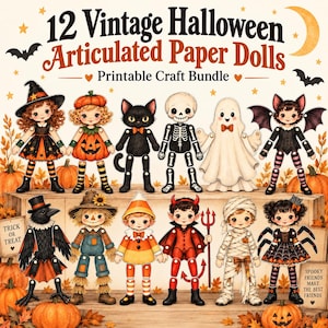 May include: A collection of 12 vintage Halloween articulated paper dolls in a printable craft bundle. The characters include a witch, pumpkin, black cat, skeleton, ghost, bat, crow, scarecrow, candy corn, devil, mummy, and spider-themed doll.