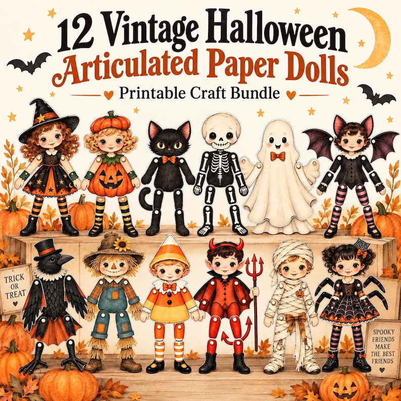 May include: A collection of 12 vintage Halloween articulated paper dolls in a printable craft bundle. The characters include a witch, pumpkin, black cat, skeleton, ghost, bat, crow, scarecrow, candy corn, devil, mummy, and spider-themed doll.