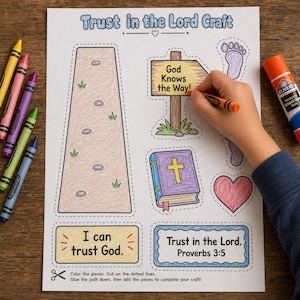 Könnte beinhalten: Ein Bastelaktivitätsblatt für Kinder mit dem Text "Trust in the Lord Craft". Das Blatt enthält einen Pfad, ein Schild mit der Aufschrift "God Knows the Way!", eine Bibel, ein Herz und Fußabdrücke. Buntstifte und ein Klebestift sind ebenfalls vorhanden.