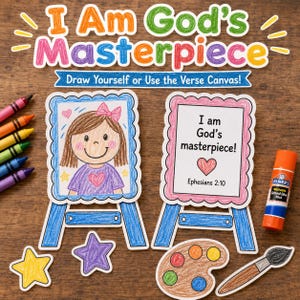 May include: A craft kit titled I Am God's Masterpiece featuring two paper easels with scalloped frames. One easel displays a colored drawing of a person with a pink bow, the other shows the text I am God's masterpiece! Ephesians 2:10. Includes crayons, a glue stick, and a paintbrush.