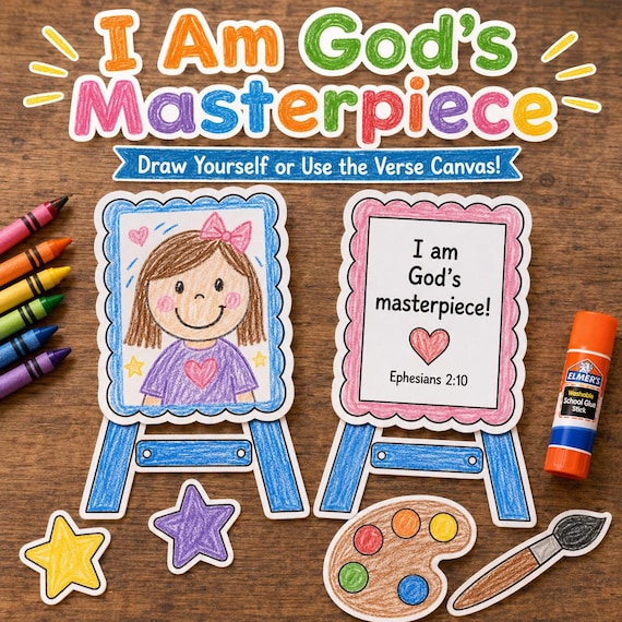 I Am God’s Masterpiece Craft | Ephesians 2:10 Bible Activity | Christian Self-Portrait Craft | Sunday School Printable for Kids