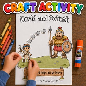 May include: A paper craft activity sheet titled David and Goliath featuring a cartoon illustration of David with a sling and Goliath with a spear and shield. The text reads God helps me be brave and 1 Samuel 17:45. Includes crayons and a glue stick.