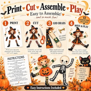 May include: A printable paper doll craft set featuring instructions and illustrations of a witch and skeleton character. The guide includes four steps: print on 8.5 x 11 inch paper, cut out pieces, add brads for movement, and play. Includes text labels.