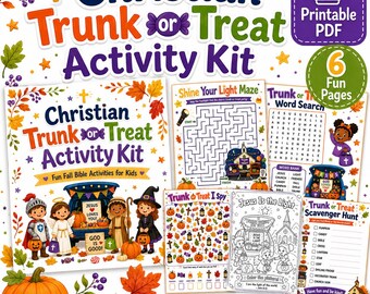 May include: A Christian Trunk or Treat activity kit featuring six printable pages with fall-themed graphics, including a maze, word search, I Spy game, coloring page, and scavenger hunt, decorated with pumpkins, leaves, and children in costumes.