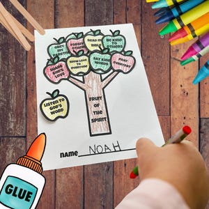 May include: A paper craft activity sheet featuring a tree trunk labeled Fruit of the Spirit and several apple-shaped cutouts with text including Obey My Parents, Forgive Others, Read My Bible, Be Kind To Others, Share God's Love, Show Love To Everyone, Say Kind Words, Pray Everyday, and Listen To God's Word.