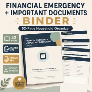 Peut inclure: Un classeur organisateur de 52 pages pour les urgences financières et documents importants. La couverture présente un design bleu foncé et crème avec une icône de cadenas. Inclut des pages imprimables pour les comptes et assurances.