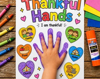 Puede incluir: Una hoja de actividades Thankful Hands con una huella de mano morada en el centro. La página presenta el texto Thankful Hands e I am thankful, rodeado de coloridas ilustraciones en forma de corazón etiquetadas como Family, Friends, Food, Home, Church y Pets.
