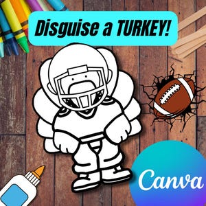 May include: A black and white line art illustration of a turkey dressed as a football player with a helmet and uniform. The image features the text Disguise a TURKEY! at the top, a brown football graphic, a glue bottle, and colourful crayons.