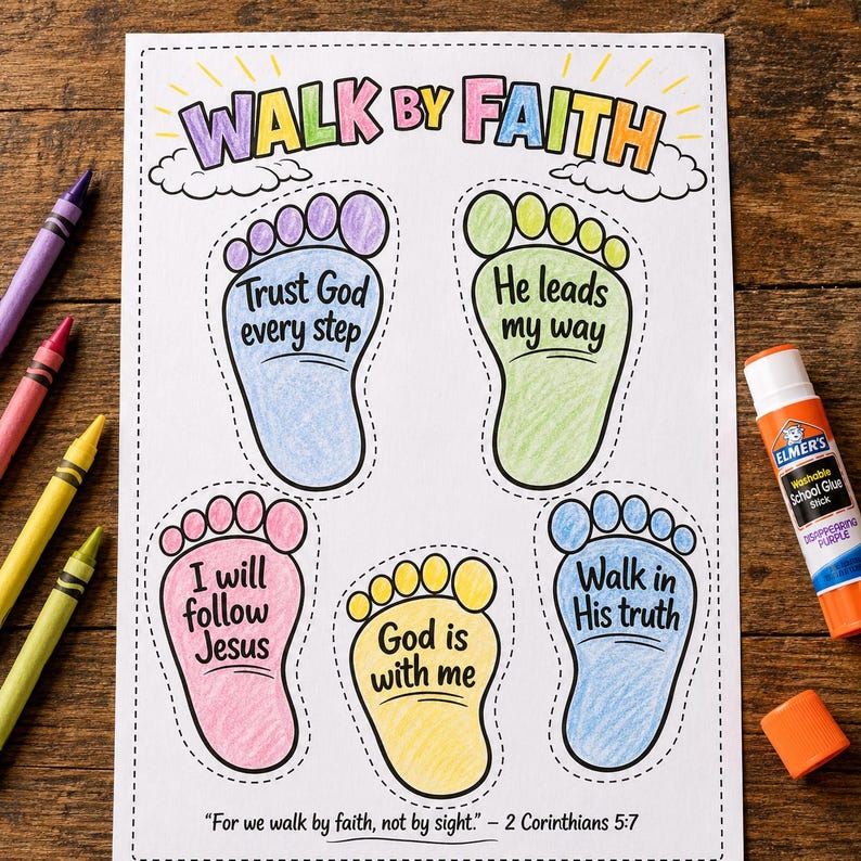 Walk by Faith Footprints Coloring Craft for Kids | Christian Printable ...