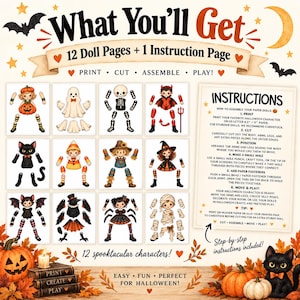 May include: A digital printable set featuring 12 Halloween paper doll characters and one instruction page. The characters include a pumpkin, ghost, skeleton, devil, cat, candy corn, scarecrow, witch, bat, crow, spider, and mummy with limbs.