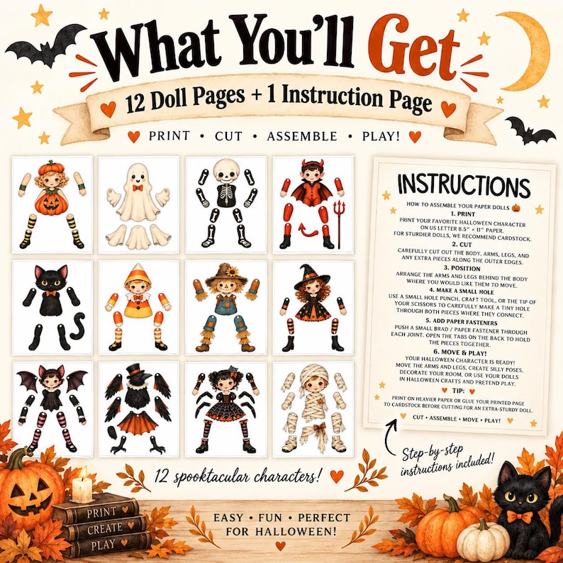 May include: A digital printable set featuring 12 Halloween paper doll characters and one instruction page. The characters include a pumpkin, ghost, skeleton, devil, cat, candy corn, scarecrow, witch, bat, crow, spider, and mummy with limbs.