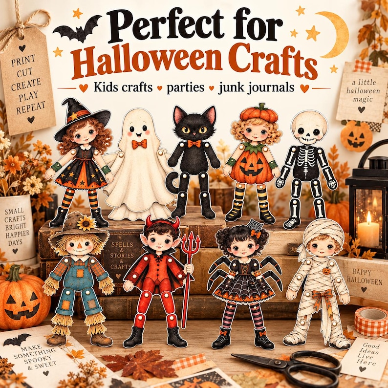 May include: A collection of paper doll cutouts featuring Halloween characters including a witch, ghost, black cat, pumpkin child, skeleton, scarecrow, devil, spider child, and mummy, with text reading Perfect for Halloween Crafts.