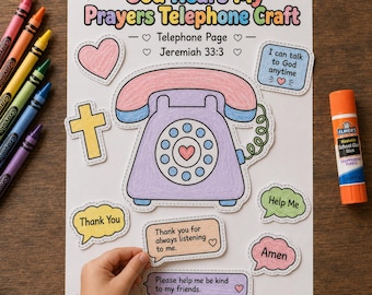 May include: A children's craft project titled "God Hears My Prayers Telephone Craft." The image features a large, outlined telephone, a cross, a heart, and speech bubbles with phrases like "Thank You" and "Help Me." Crayola crayons and a glue stick are also visible.