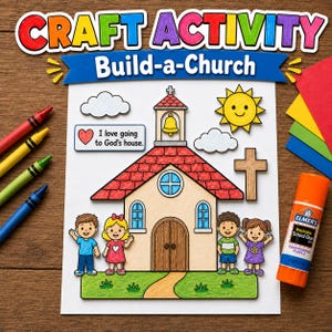 May include: A Build-a-Church craft activity kit featuring a paper church with a red roof, a bell tower, a cross, a sun, clouds, and four children. Includes a sign reading I love going to God's house, colored crayons, and an Elmer's glue stick.